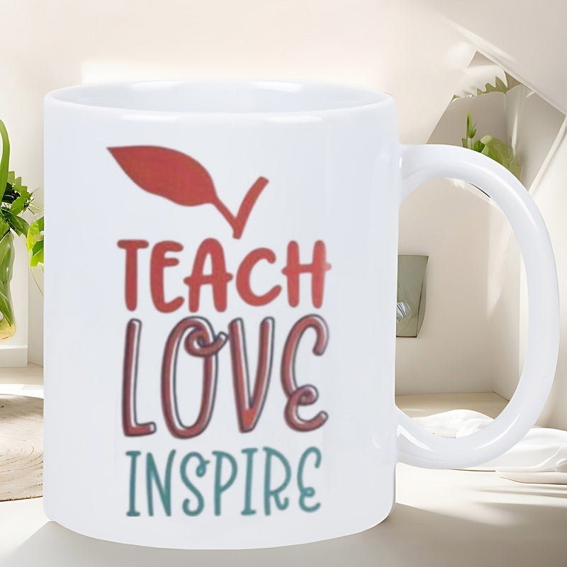 Tailorly White Ceramic 11 oz Mug - Teach Love Inspire Stylized Educational Slogan With Artistic Lettering And Red Leaf Apple