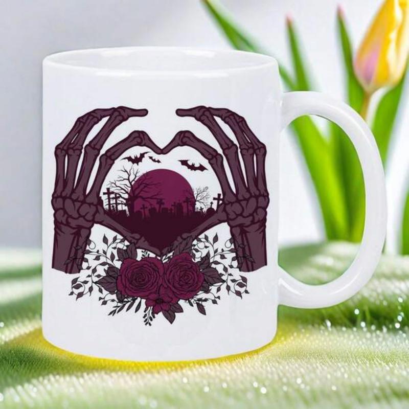 Tailorly White Ceramic 11 oz Mug - Gothic Skeletal Hands Forming Heart Shape With Moon And Graveyard Scene Skeleton