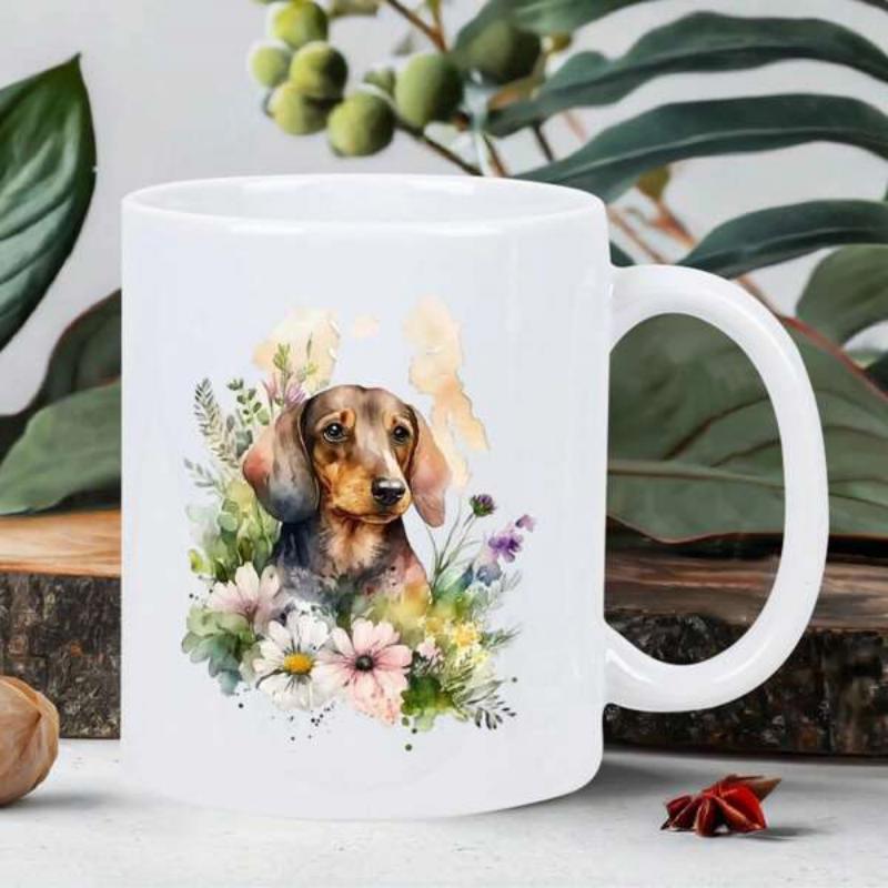 Tailorly White Ceramic 11 oz Mug - Watercolor Artistic Style Featuring Elegant Flowers Surrounding A Cute Serene Dachshund