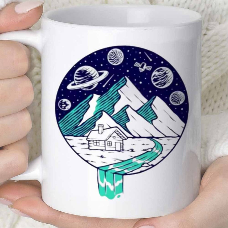 Tailorly White Ceramic 11 oz Mug - Serene Landscape With Majestic Peaks And Planets Floating In Starry Space Mountain