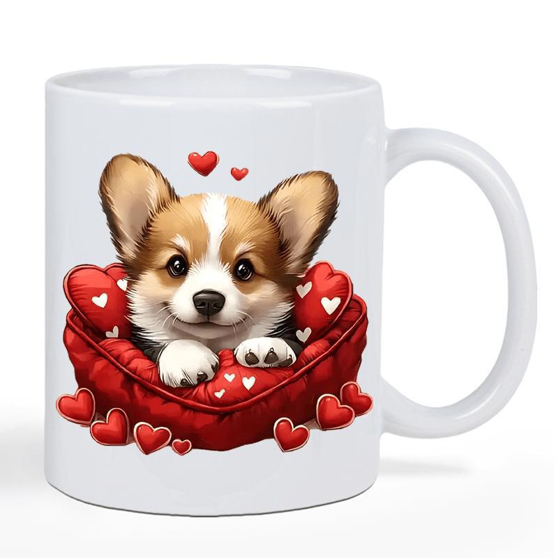 Tailorly White Ceramic 11 oz Mug - Adorable Puppy Sitting In A Red Heart Shaped Cushion Surrounded By Tiny Hearts Corgi