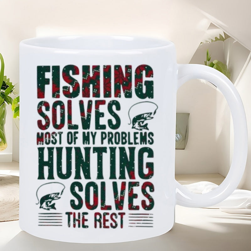 Tailorly White Ceramic 11 oz Mug - Fishing Solves Most Of My Problems Hunting Solves The Rest Bold Distressed Textured Typography With Jumping Fish Silhouette