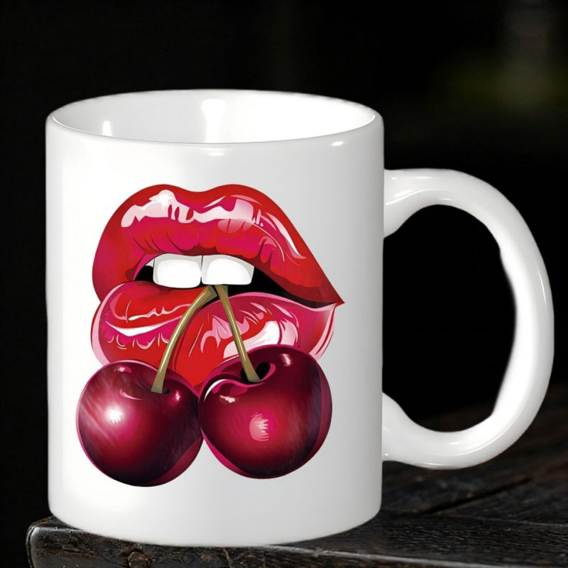 Tailorly White Ceramic 11 oz Mug - Vibrant Glossy Red Mouth Biting A Pair Of Ripe Dark Cherries Lips
