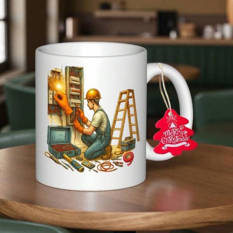 Tailorly White Ceramic 11 oz Mug - Skilled Technician Maintaining Electrical Panel With Professional Tools And Ladder Electrician
