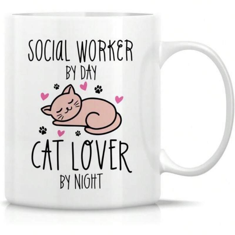 Tailorly White Ceramic 11 oz Mug - Social Worker By Day Cat Lover By Night Sleeping Pink Kitten Surrounded By Little Hearts And Paw Prints Cat