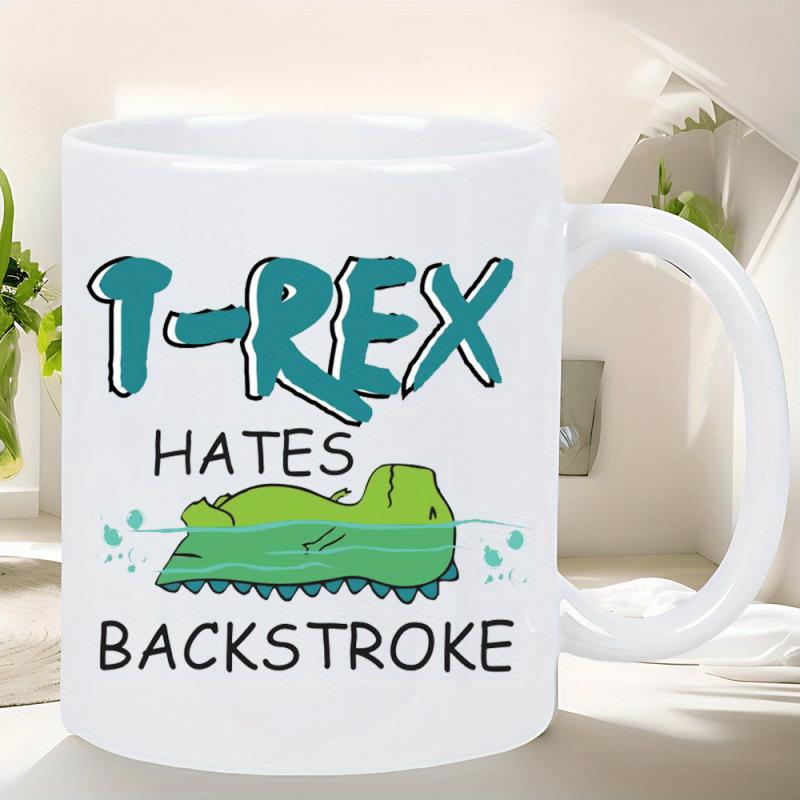 Tailorly White Ceramic 11 oz Mug - T Rex Hates Backstroke Funny Green Cartoon Creature Floating In Calm Blue Water Dinosaur