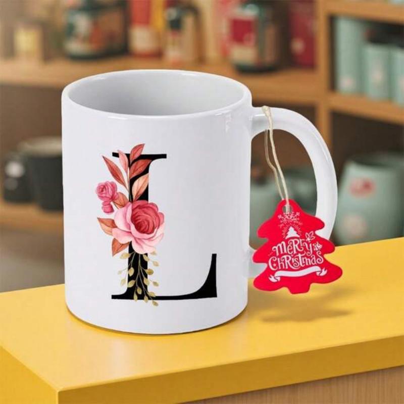 Tailorly White Ceramic 11 oz Mug - L Merry Christmas Elegant Serif Letter Featuring Blooming Pink Roses And Delicate Botanical Leaves Monogram