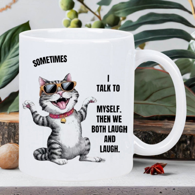 Tailorly White Ceramic 11 oz Mug - Sometimes I Talk To Myself Then We Both Laugh And Laugh Hilarious Striped Tabby Wearing Sunglasses With A Bright Red Bell Collar