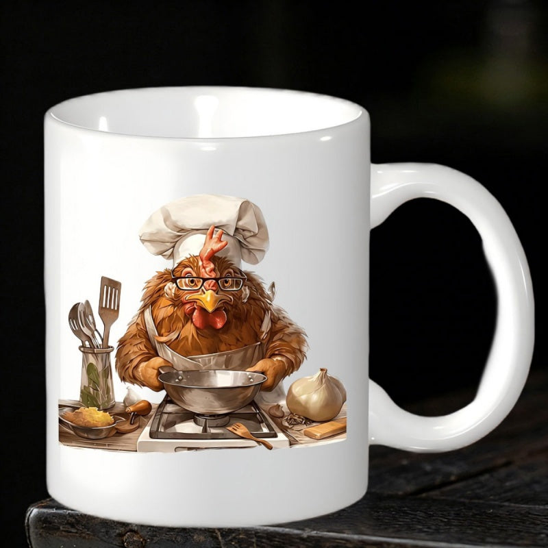 Tailorly White Ceramic 11 oz Mug - Charming Brown Hen Wearing Chef Hat And Glasses Cooking In Kitchen Chicken