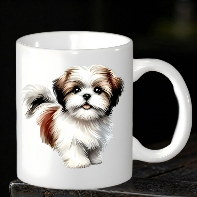 Tailorly White Ceramic 11 oz Mug - Adorable Fluffy Brown And White Puppy Standing With A Gentle Expression Shih Tzu