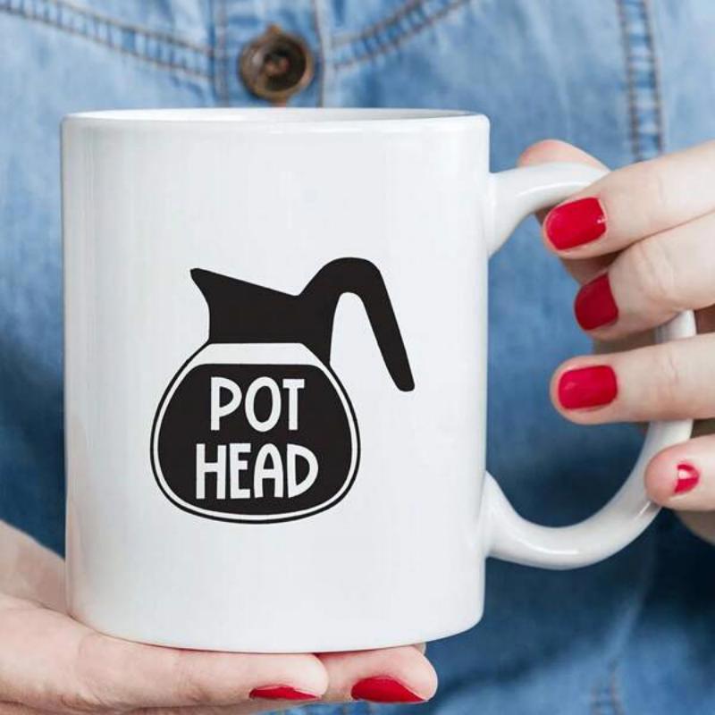 Tailorly White Ceramic 11 oz Mug - Pot Head Simple Minimalist Coffee Carafe Silhouette With Bold White Pun Text Carafe