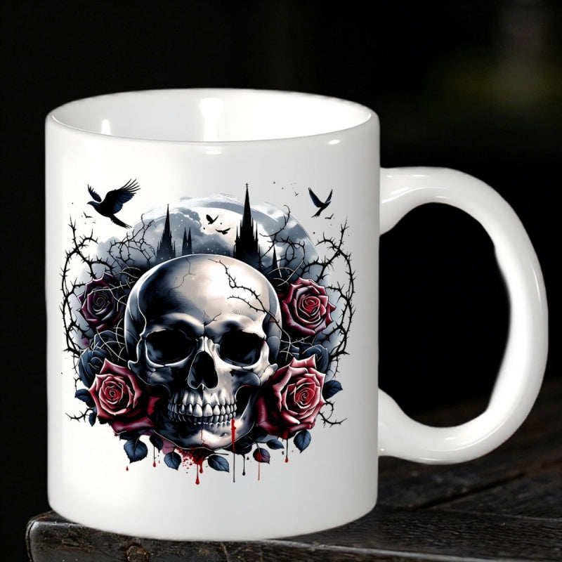 Tailorly White Ceramic 11 oz Mug - Intricate Gothic Design With Red Roses And Flying Crows Around Skull