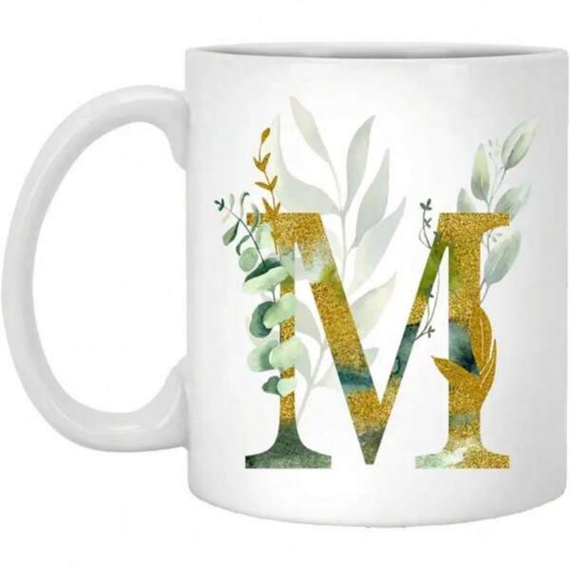 Tailorly White Ceramic 11 oz Mug - M Elegant Golden Texture With Watercolor Botanical Green Leaves Initial