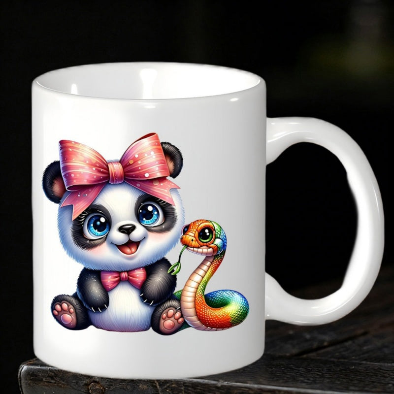 Tailorly White Ceramic 11 oz Mug - Adorable Cartoon Panda Wearing Pink Bow Sitting Beside Colorful Rainbow Snake Panda