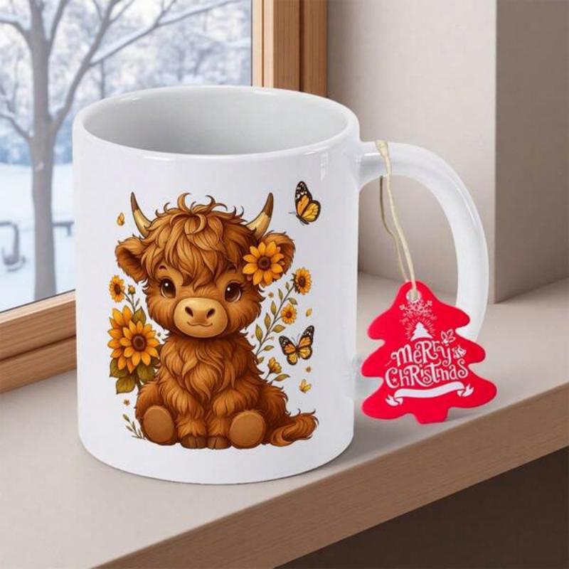 Tailorly White Ceramic 11 oz Mug - Merry Christmas Adorable Fluffy Brown Highland Cow Among Sunflowers And Butterflies Cow