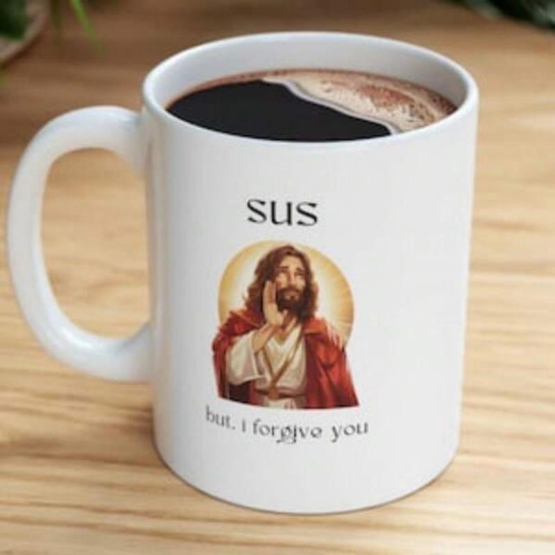 Tailorly White Ceramic 11 oz Mug - Sus But I Forgive You Classical Religious Figure Gesturing With Warm Radiant Light And Sacred Halo Jesus