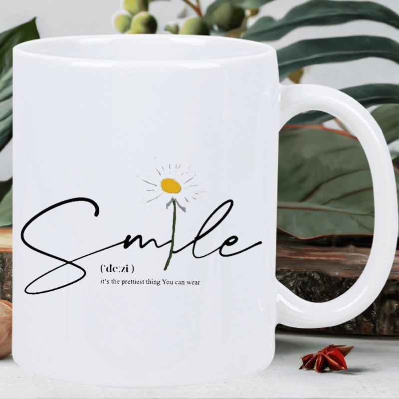 Tailorly White Ceramic 11 oz Mug - Smile It Is The Prettiest Thing You Can Wear Minimalist Artistic Line Art Featuring A Small Yellow Blooming Daisy
