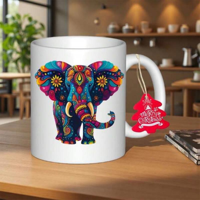 Tailorly White Ceramic 11 oz Mug - Vibrant Mandala Style Patterns Featuring Intricate Floral Details And Bold Colors Elephant