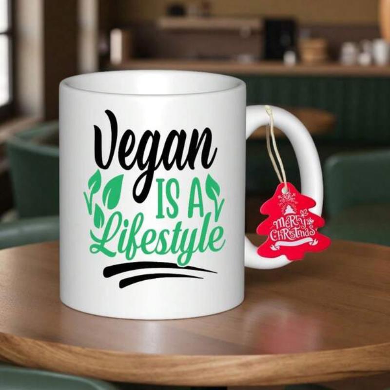 Tailorly White Ceramic 11 oz Mug - Vegan Is A Lifestyle Minimalist White Ceramic With Green Leaves And Artistic Script Lettering Mug