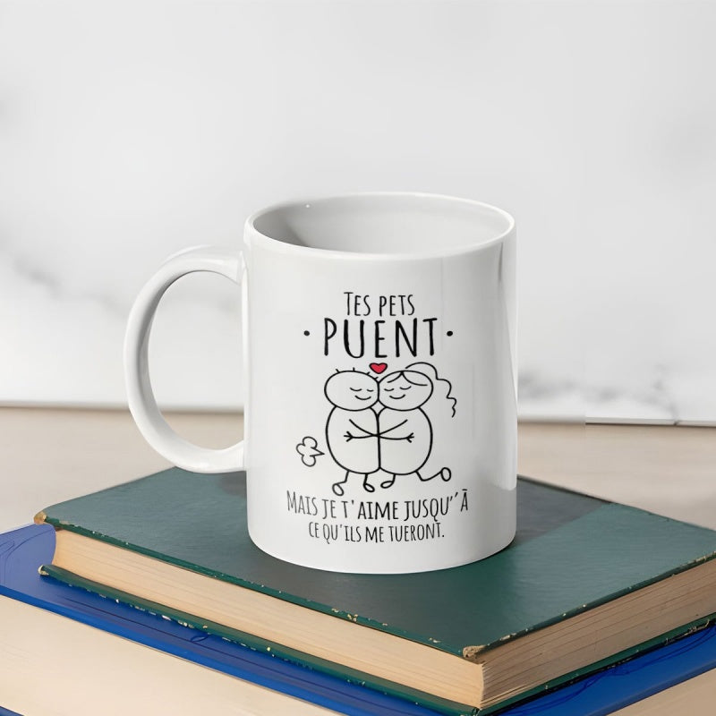 Tailorly White Ceramic 11 oz Mug - Hand Drawn Minimalist Style Couple Hugging With Small Floating Heart Couple
