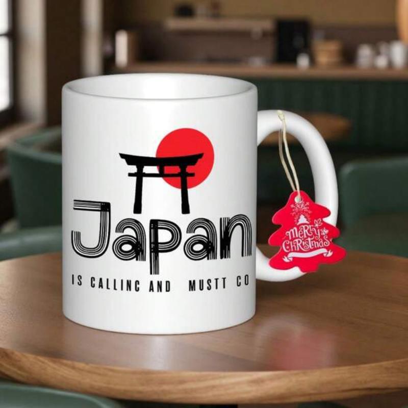 Tailorly White Ceramic 11 oz Mug - Japan Is Calling And I Must Go Traditional Black Silhouette Standing Before A Vibrant Red Rising Sun Torii Gate