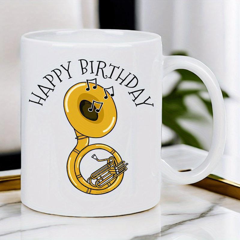 Tailorly White Ceramic 11 oz Mug - Happy Birthday Shiny Golden Musical Instrument Coiled Gracefully With Floating Melodic Notes Decorative Sousaphone