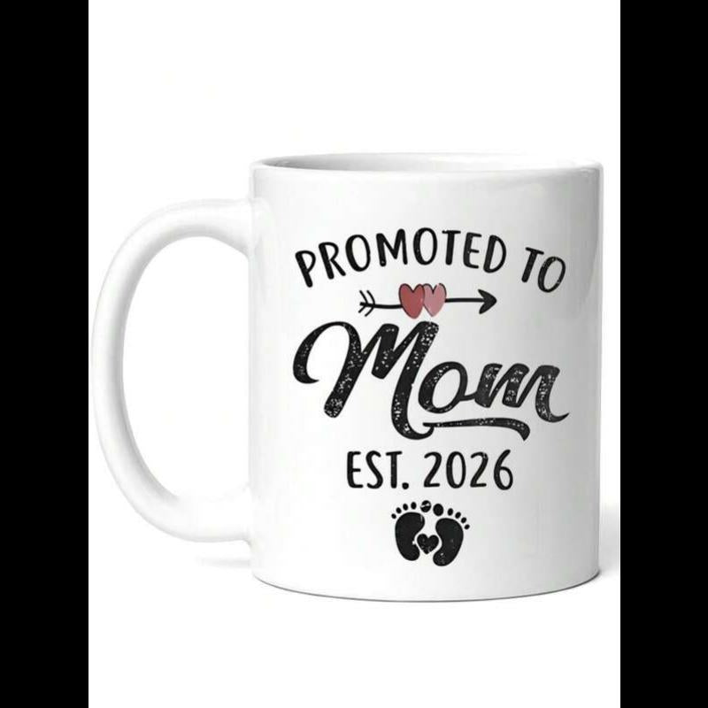 Tailorly White Ceramic 11 oz Mug - Promoted To Mom Est 2026 Featuring Tiny Baby Footprints And A Decorative Heart Arrow Mug