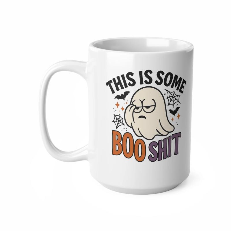 Tailorly White Ceramic 11 oz Mug - This Is Some Boo Shit Grumpy Cartoon Ghost Surrounded By Bats And Spooky Spider Webs Ghost