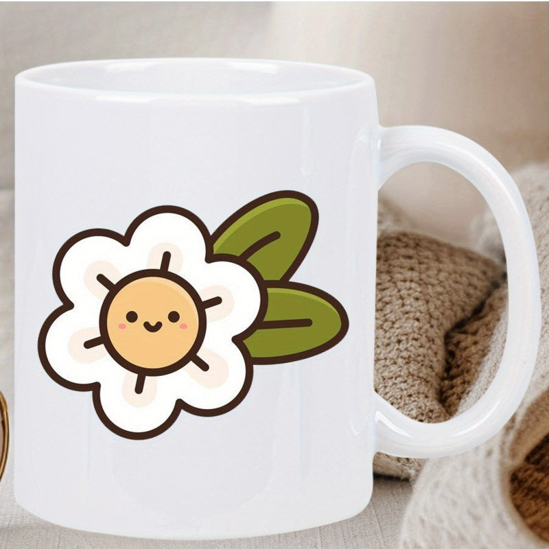 Tailorly White Ceramic 11 oz Mug - Smiling White Cartoon Blossom With Green Leaves In Simple Style Flower