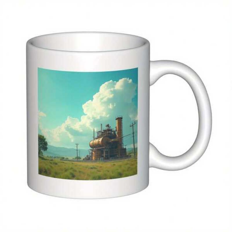 Tailorly White Ceramic 11 oz Mug - Industrial Boiler Under Puffy White Clouds In Quiet Green Meadow Factory
