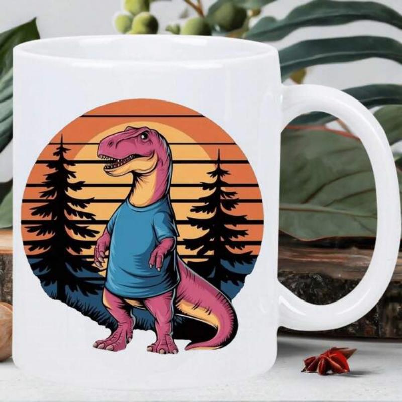 Tailorly White Ceramic 11 oz Mug - Pink Wearing Blue Shirt Against Retro Striped Forest Sunset Dinosaur