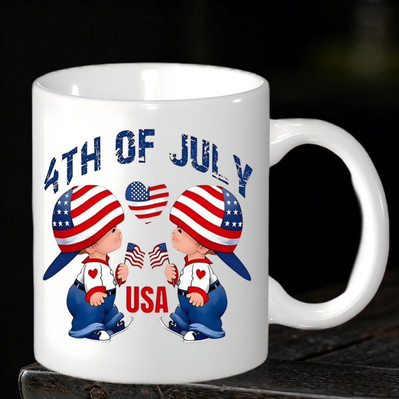 Tailorly White Ceramic 11 oz Mug - 4th Of July USA Patriotic Children Wearing Flag Hats Holding Small Flags Beside Heart Illustration