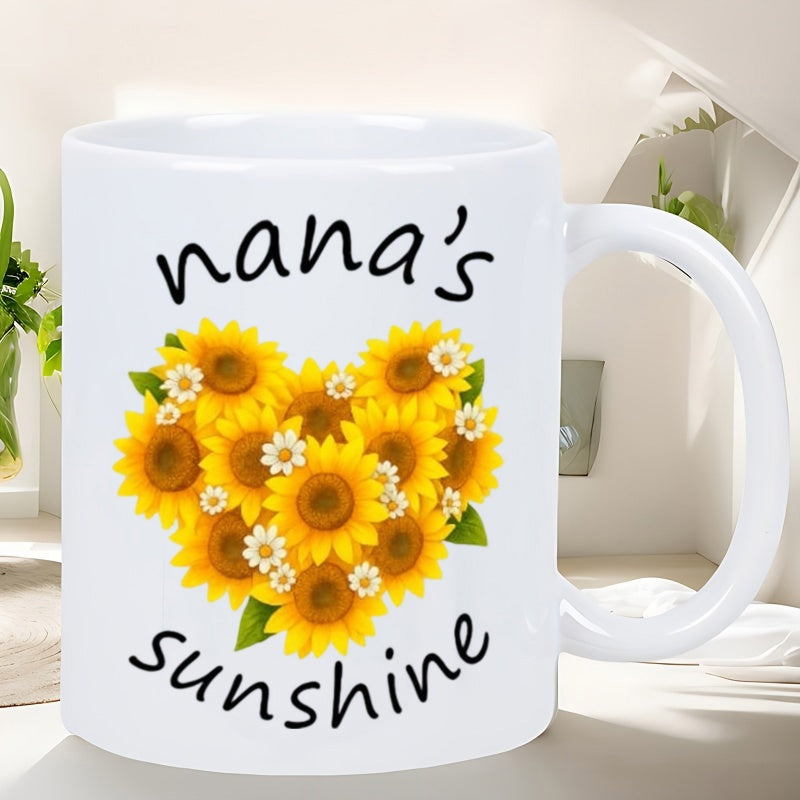 Tailorly White Ceramic 11 oz Mug - Nanas Sunshine Vibrant Yellow Petals Forming A Heart Shape With Small White Blooming Heart