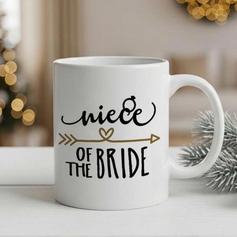 Tailorly White Ceramic 11 oz Mug - Niece Of The Bride Golden Heart Arrow And Elegant Script Among Minimalist Wedding Ring Mug
