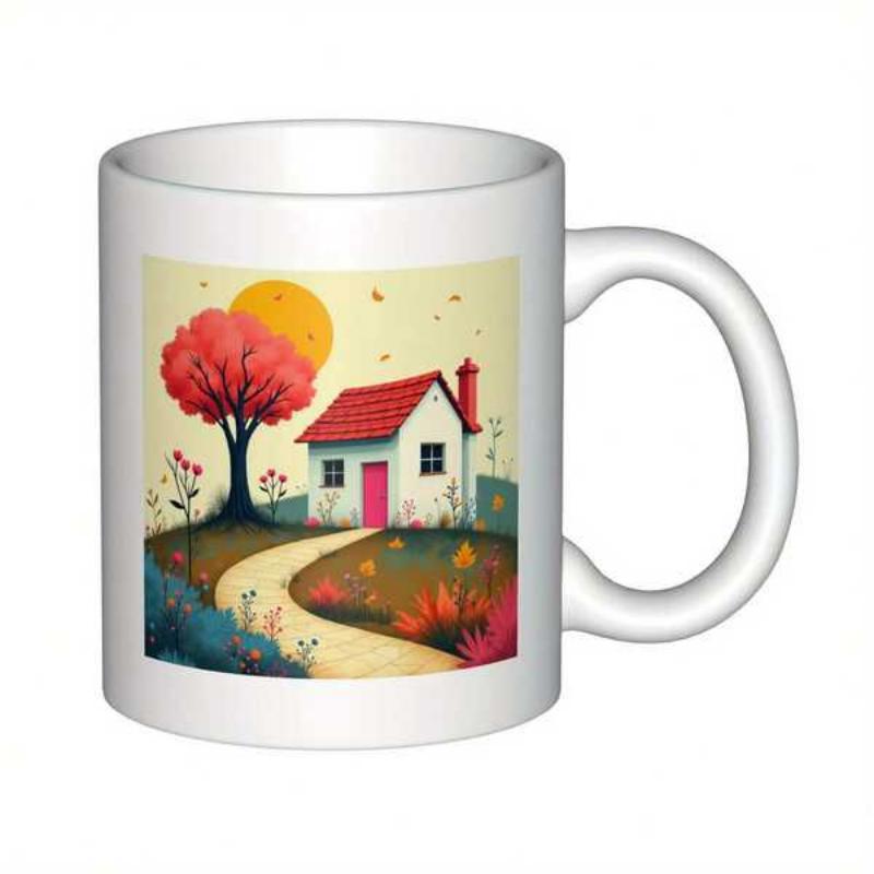 Tailorly White Ceramic 11 oz Mug - Vibrant Red Autumn Tree Beside Winding Path To A Small Cozy House