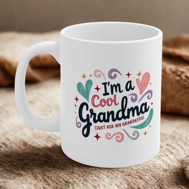 Tailorly White Ceramic 11 oz Mug - Im A Cool Grandma Just Ask My Grandkids Colorful Hearts And Whimsical Swirls With Decorative Stars Around Artistic Text Heart