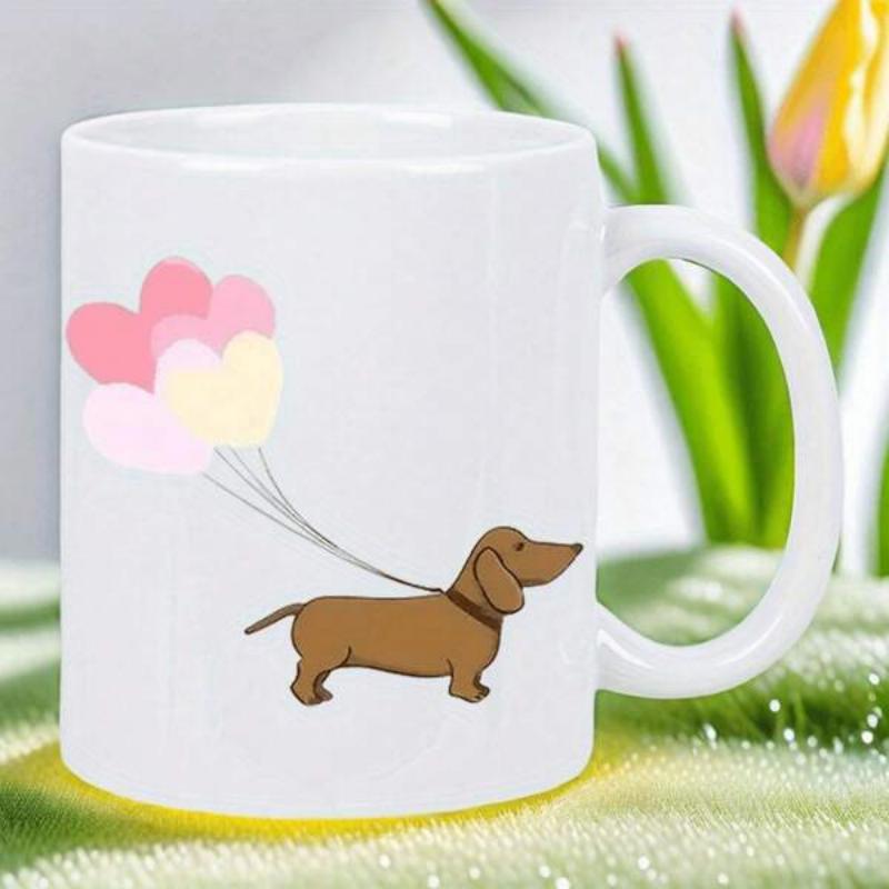 Tailorly White Ceramic 11 oz Mug - Whimsical Brown Dog Floating With Heart Shaped Pastel Colorful Balloons Dachshund