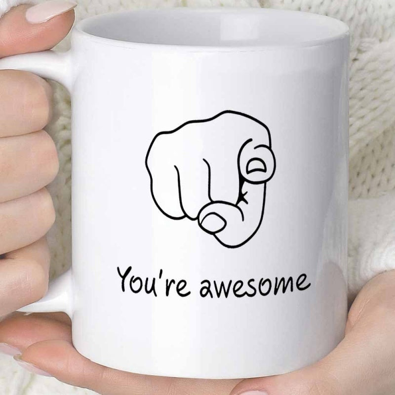 Tailorly White Ceramic 11 oz Mug - Youre Awesome Minimalist Black Line Drawing Featuring A Finger Pointing Toward The Viewer Hand