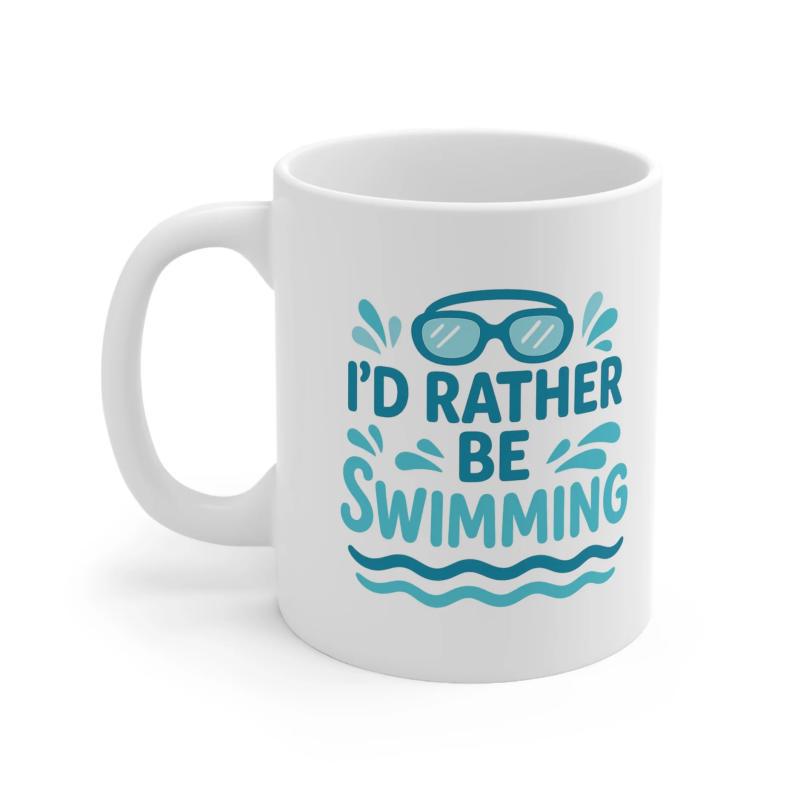 Tailorly White Ceramic 11 oz Mug - Id Rather Be Swimming Teal Goggles Surrounded By Refreshing Water Splashes And Wavy Lines Goggles