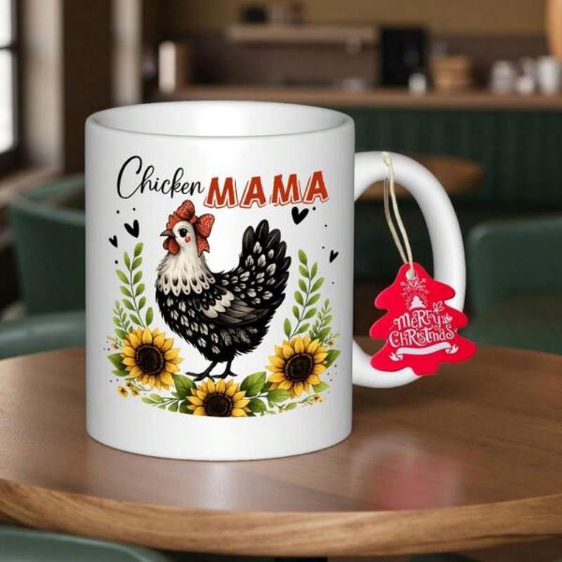 Tailorly White Ceramic 11 oz Mug - Chicken Mama Rustic Hen Standing Amidst Vibrant Sunflowers And Delicate Green Leaves Chicken