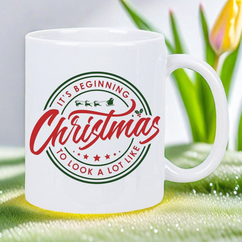 Tailorly White Ceramic 11 oz Mug - Its Beginning To Look A Lot Like Christmas Silhouetted Flying Reindeer With Santa Sleigh Among Festive Stars In Circular Frame