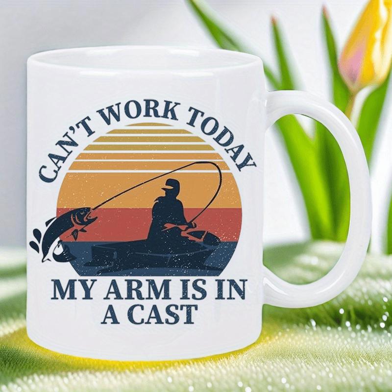 Tailorly White Ceramic 11 oz Mug - Cant Work Today My Arm Is In A Cast Retro Sunset Silhouette Of Man Fishing From A Boat With Jumping Fish