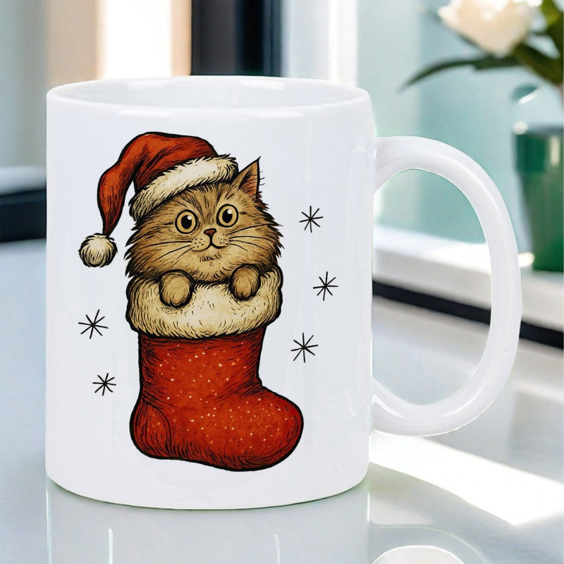 Tailorly White Ceramic 11 oz Mug - Festive Holiday Kitten Wearing Santa Hat Peeking From Within Red Christmas Stocking Cat