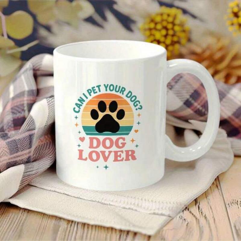 Tailorly White Ceramic 11 oz Mug - Can I Pet Your Dog Dog Lover Retro Sunset Stripes And Iconic Black Animal Paw