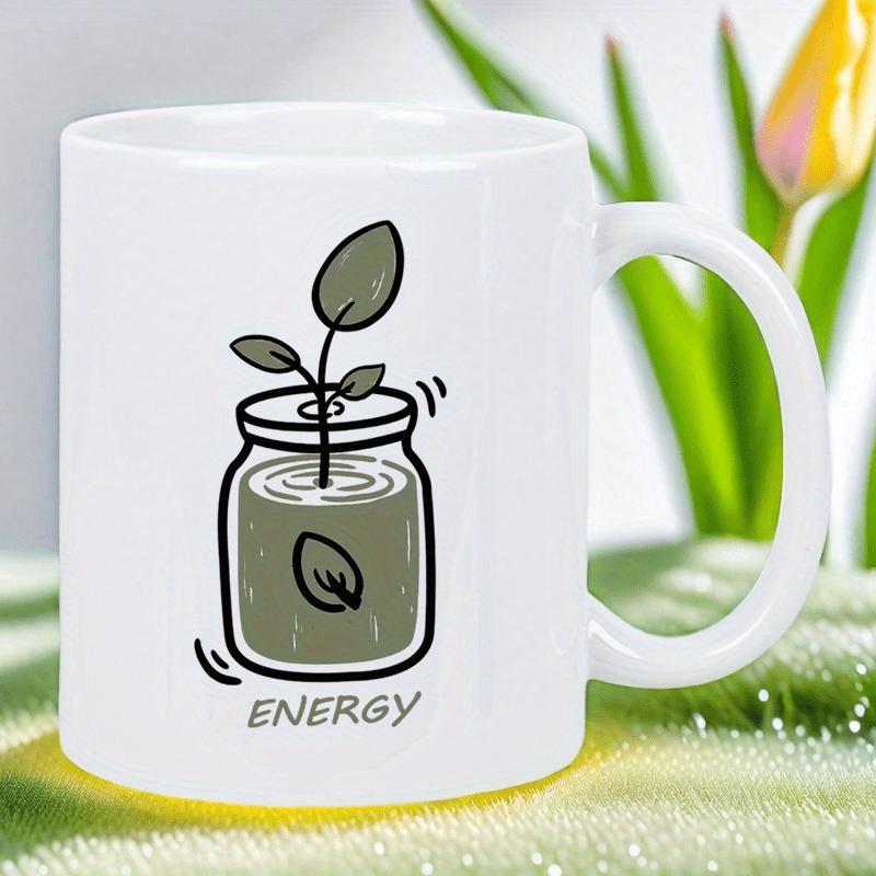 Tailorly White Ceramic 11 oz Mug - Energy Small Sprouting Leaf Growing From Glass Jar Full Of Liquid Seedling