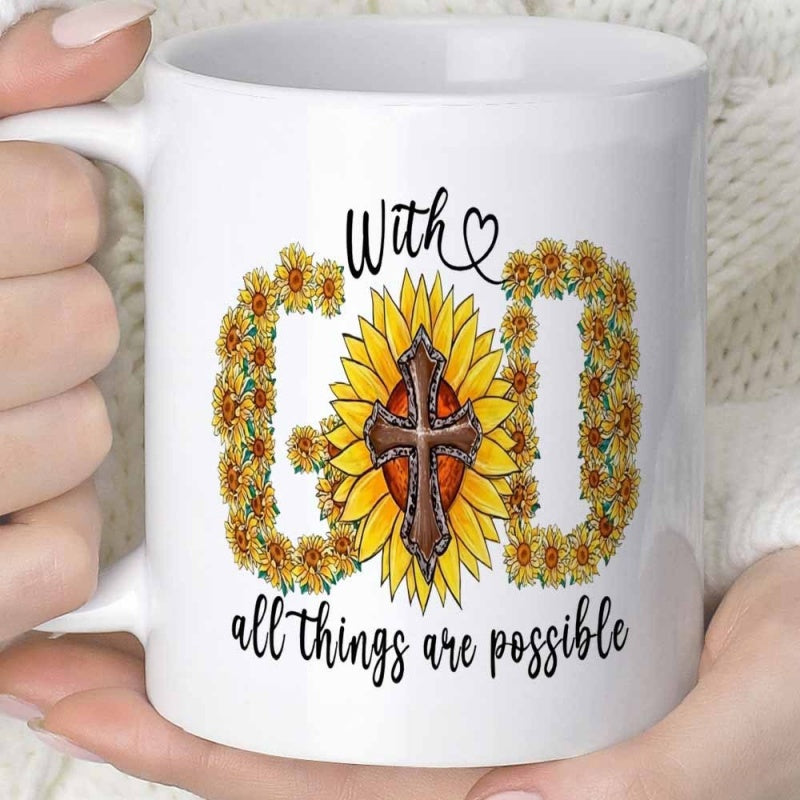 Tailorly White Ceramic 11 oz Mug - With God All Things Are Possible Vibrant Yellow Sunflowers With A Central Rustic Wooden Religious Cross