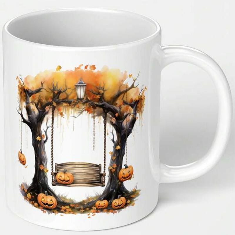 Tailorly White Ceramic 11 oz Mug - Gnarled Autumn Trees With Jack O Lanterns And A Wooden Garden Swing Tree