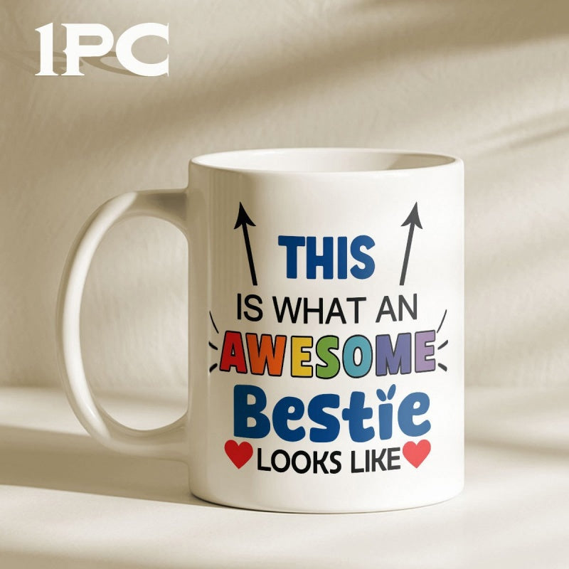 Tailorly White Ceramic 11 oz Mug - This Is What An Awesome Bestie Looks Like Colorful Typography With Decorative Arrows And Red Hearts Celebrating Friendship Mug