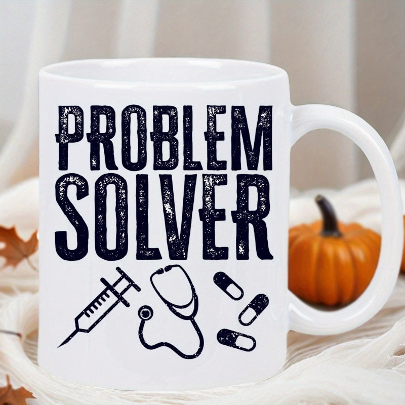 Tailorly White Ceramic 11 oz Mug - Problem Solver Clinical Equipment Featuring Syringe And Stethoscope Among Tiny Medicine Pills Stethoscope