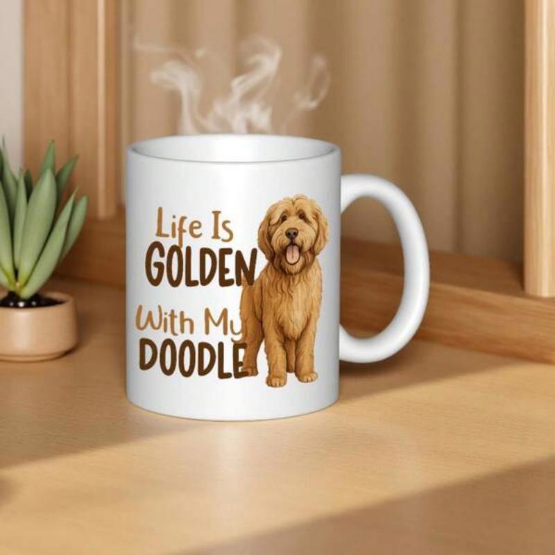 Tailorly White Ceramic 11 oz Mug - Life Is Golden With My Doodle Charming Fluffy Golden Dog Standing Peacefully With A Friendly Smile Goldendoodle